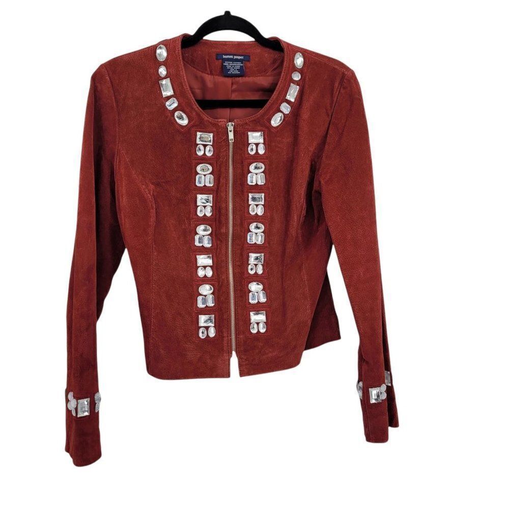 Boston Proper Military Glam Jewel Leather Zip Collarless Jacket Blazer Red Sz 6